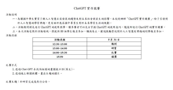 仁德醫專辦理「ChatGPT實作競賽」,對於人工智慧有興趣之三年級同學踴躍參加。圖片